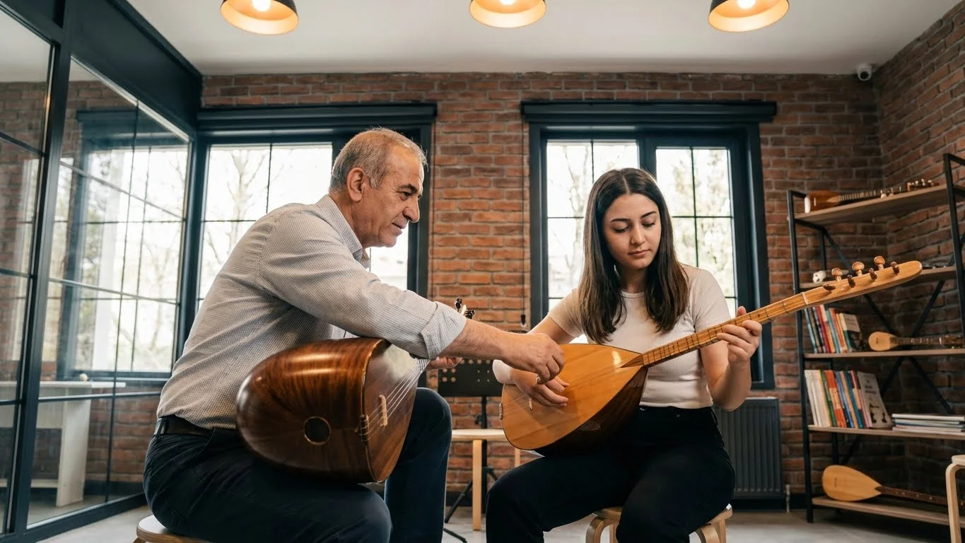 Uzman eğitmen eşliğinde bağlama öğrenme süresini kısaltan teknik çalışmalar.