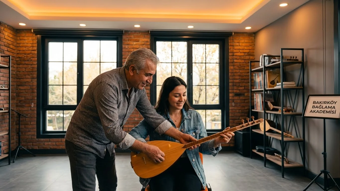 Bakırköy bağlama kursu eğitimi sırasında usta öğretici ve öğrenci detayı.