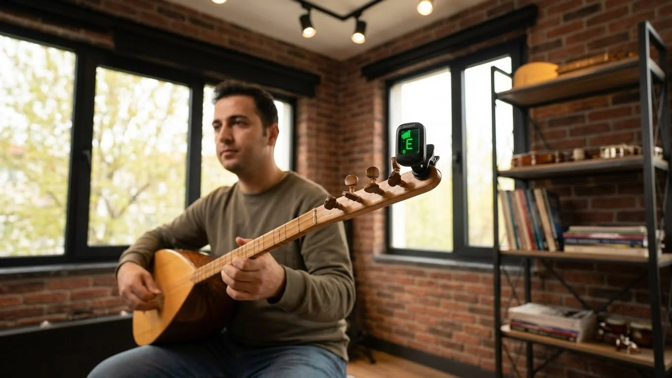 Bağlama akordu için kullanılan dijital mandallı akort cihazı.