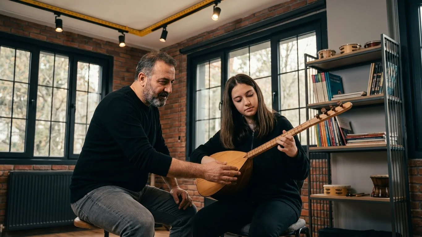 Bağlama çalarken doğru el pozisyonu ve parmak esnekliği eğitimi.