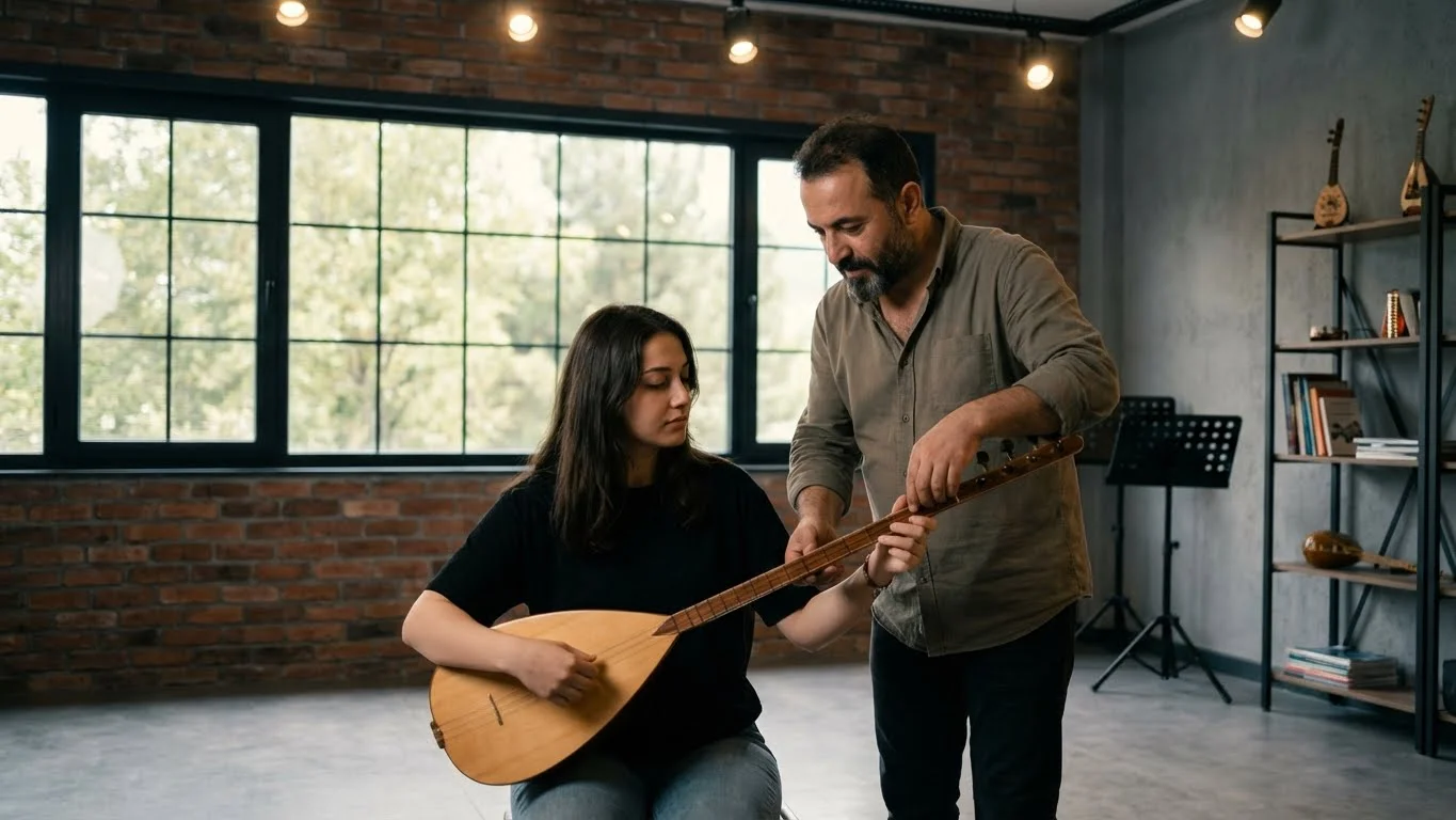 Bakırköy bağlama kursu profesyonel bağlama eğitimi sırasında ergonomik el ve bilek pozisyonu düzeltme.