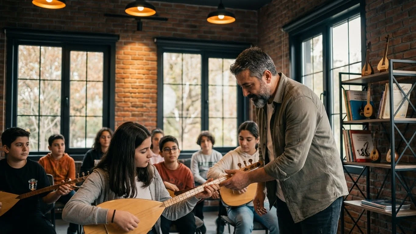 Profesyonel bağlama kursu eğitimi alan yetişkin ve çocuk öğrenciler.