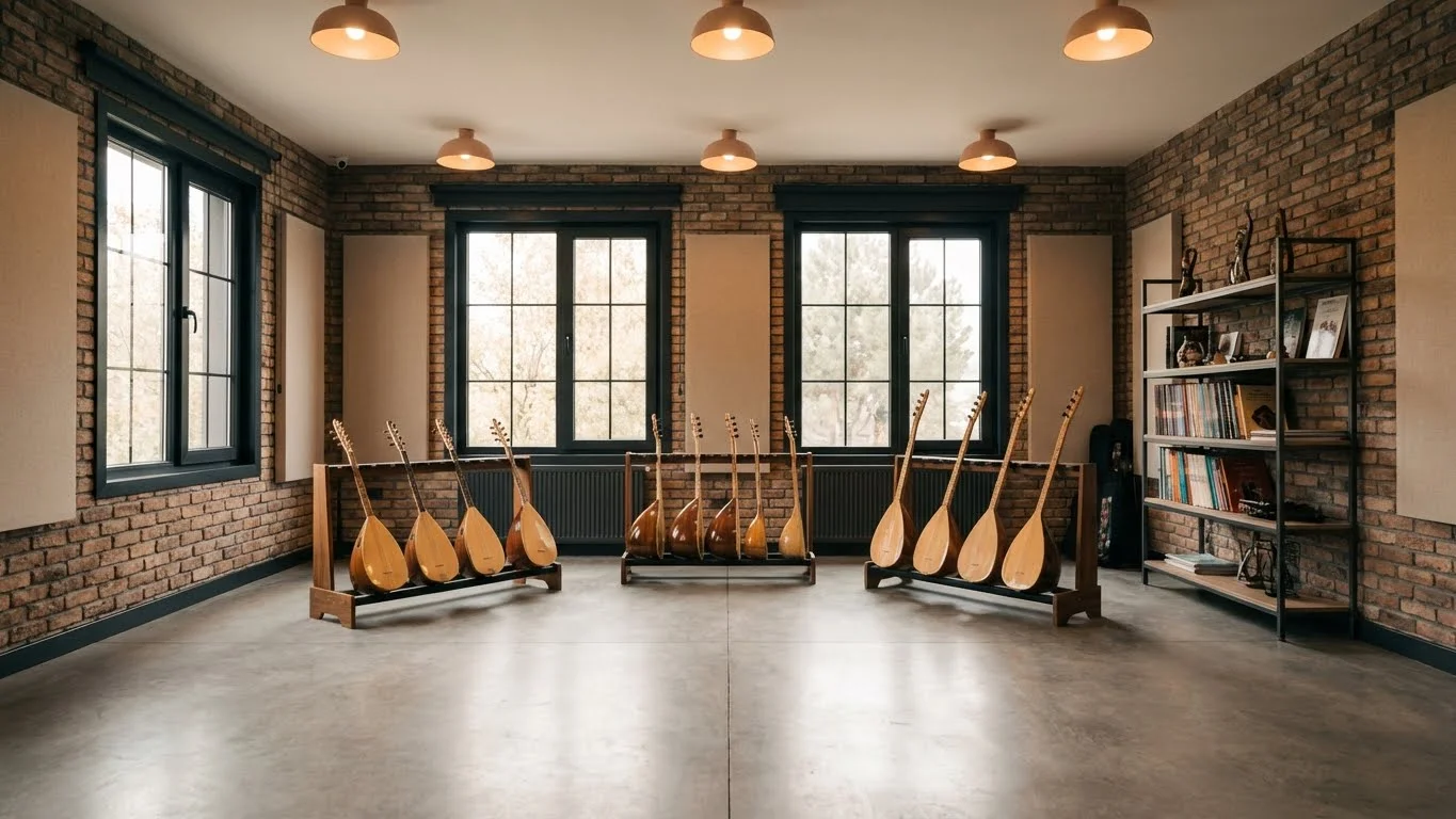 Bağlama Akademi Bakırköy stüdyosunda ücretsiz deneme dersi için hazır bekleyen profesyonel enstrümanlar ve ekipmanlar.