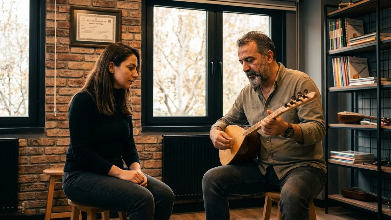 Bakırköy Bağlama Akademi bünyesinde kısa sap bağlama parmak hızlandırma egzersizleri (tablolu) ile profesyonel teknik eğitim alan bir öğrenci.
