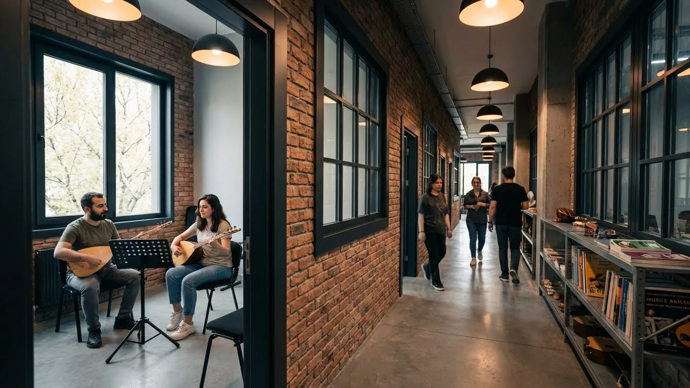 Bakırköy Bağlama Akademi eğitim sınıfları ve modern sanat merkezi atmosferi.