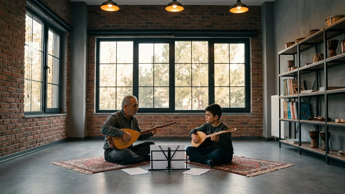 Usta çırak ilişkisiyle yetişen bir bağlama icracısı ve eğitim süreci.