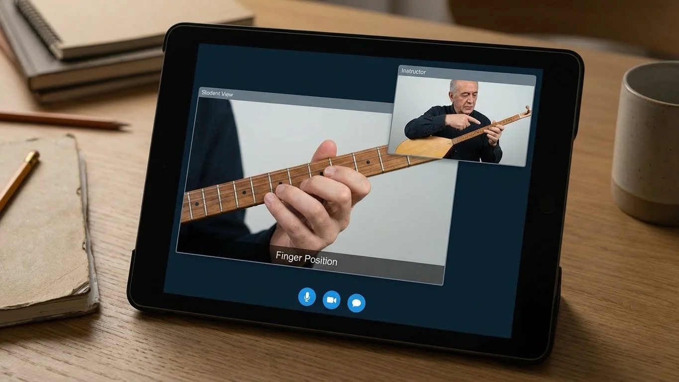 Farklı lokasyonlardan öğrencilerin katıldığı Bakırköy Bağlama Akademi online grup bağlama dersi platformu ekran görüntüsü.