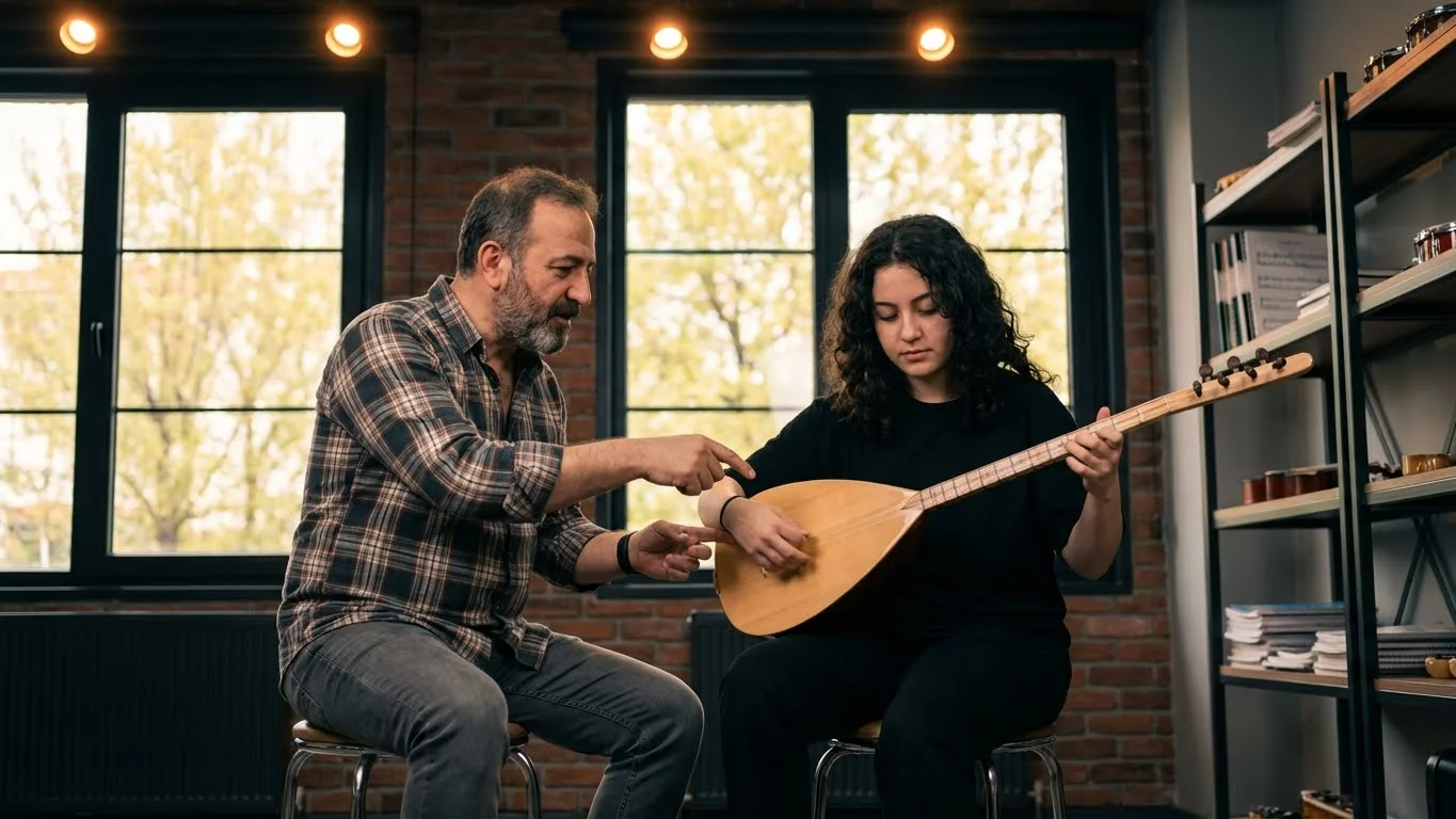 Bakırköy bağlama akademi bünyesinde enstrümanı ile eğitim alan yetişkin kursiyer.