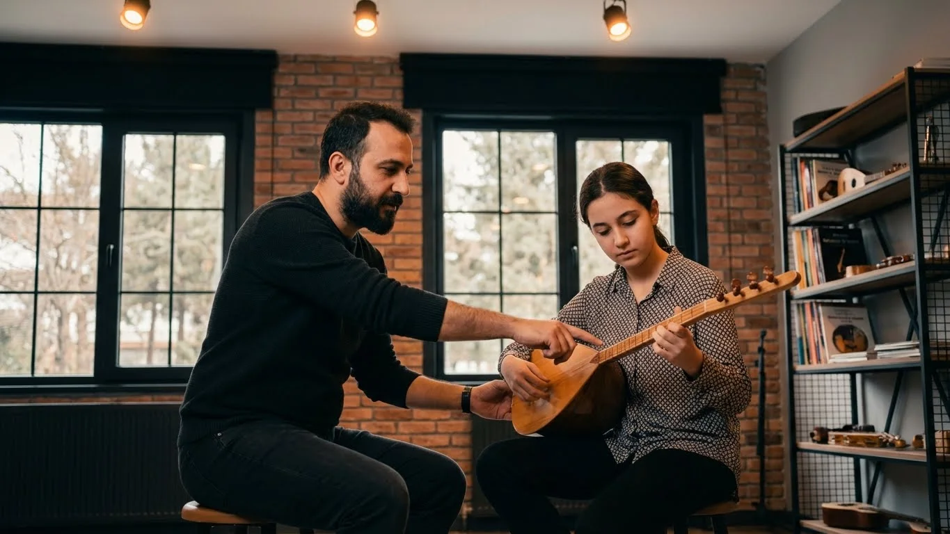 Bağlama eğitiminde profesyonel eğitmen desteği ve öğrenme süreci.