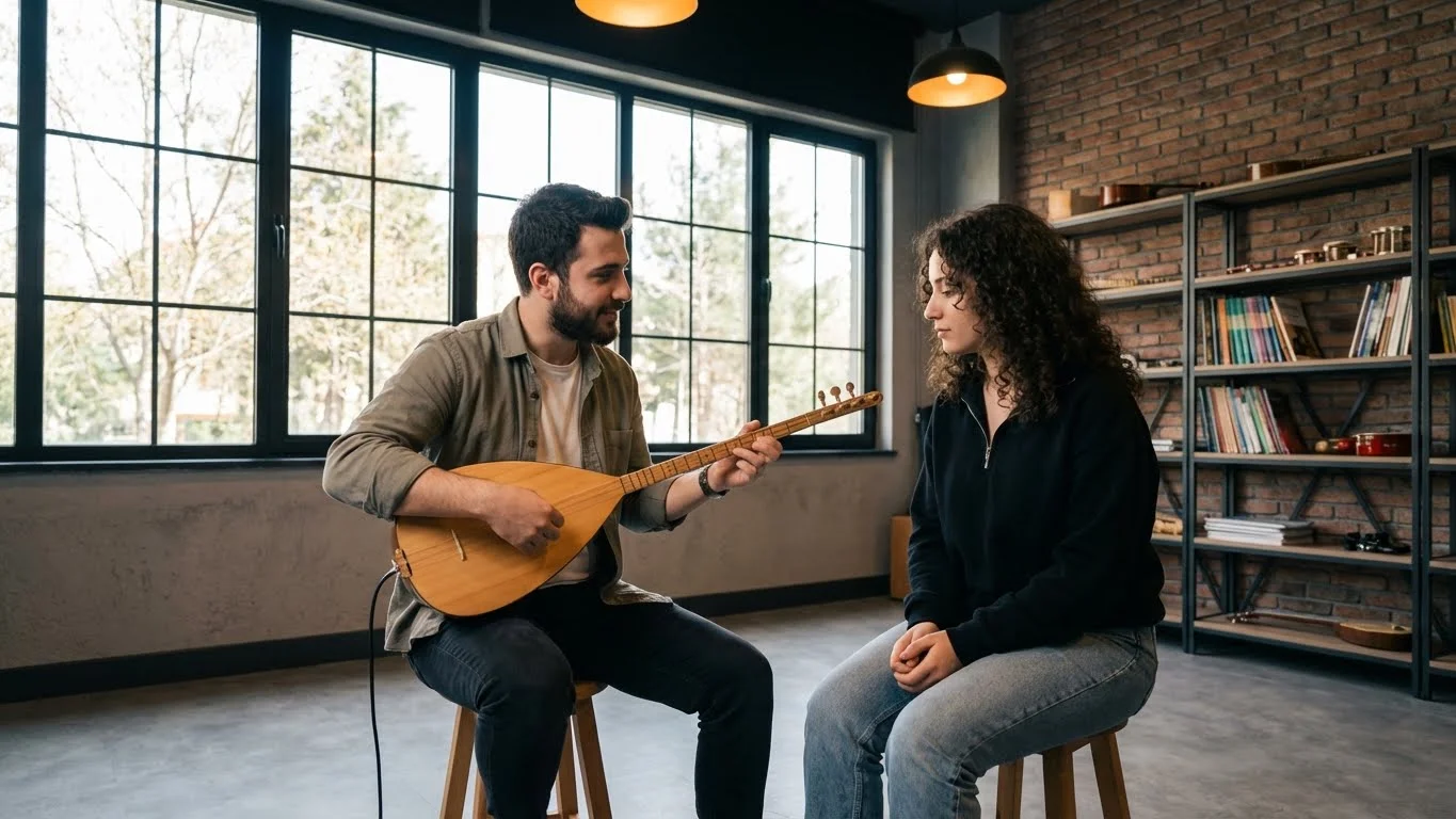 Başlangıç seviyesi bağlama egzersizleri yapan öğrenci ve eğitmen.