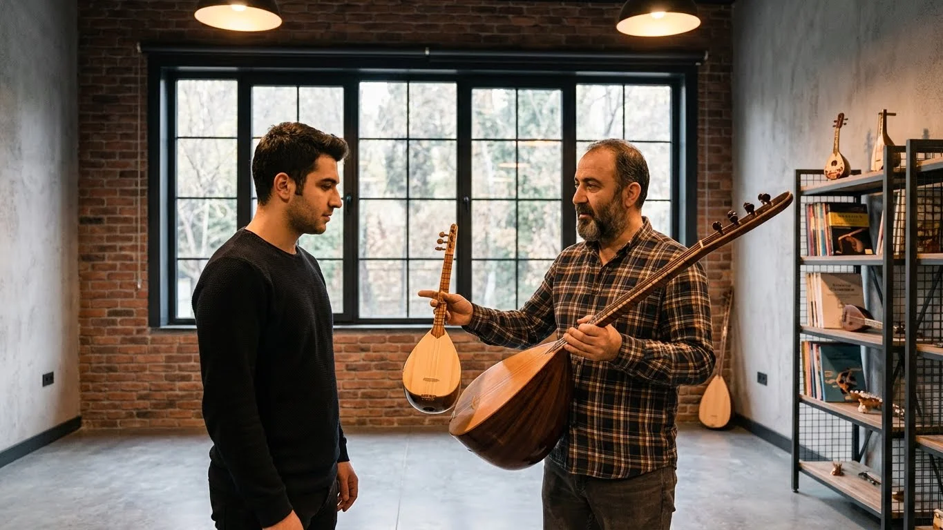 Divan sazı ve cura arasındaki tekne boyu farkı teknik gösterimi.