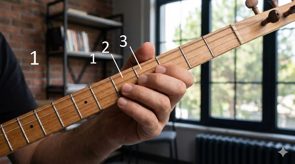 Yetişkin başlangıç seviyesi için bağlama perdesine doğru parmak basış tekniği ve numaralandırma şeması.